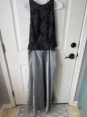 Black Beaded Floral Top with Silver Gray Satin Skirt Evening Gown